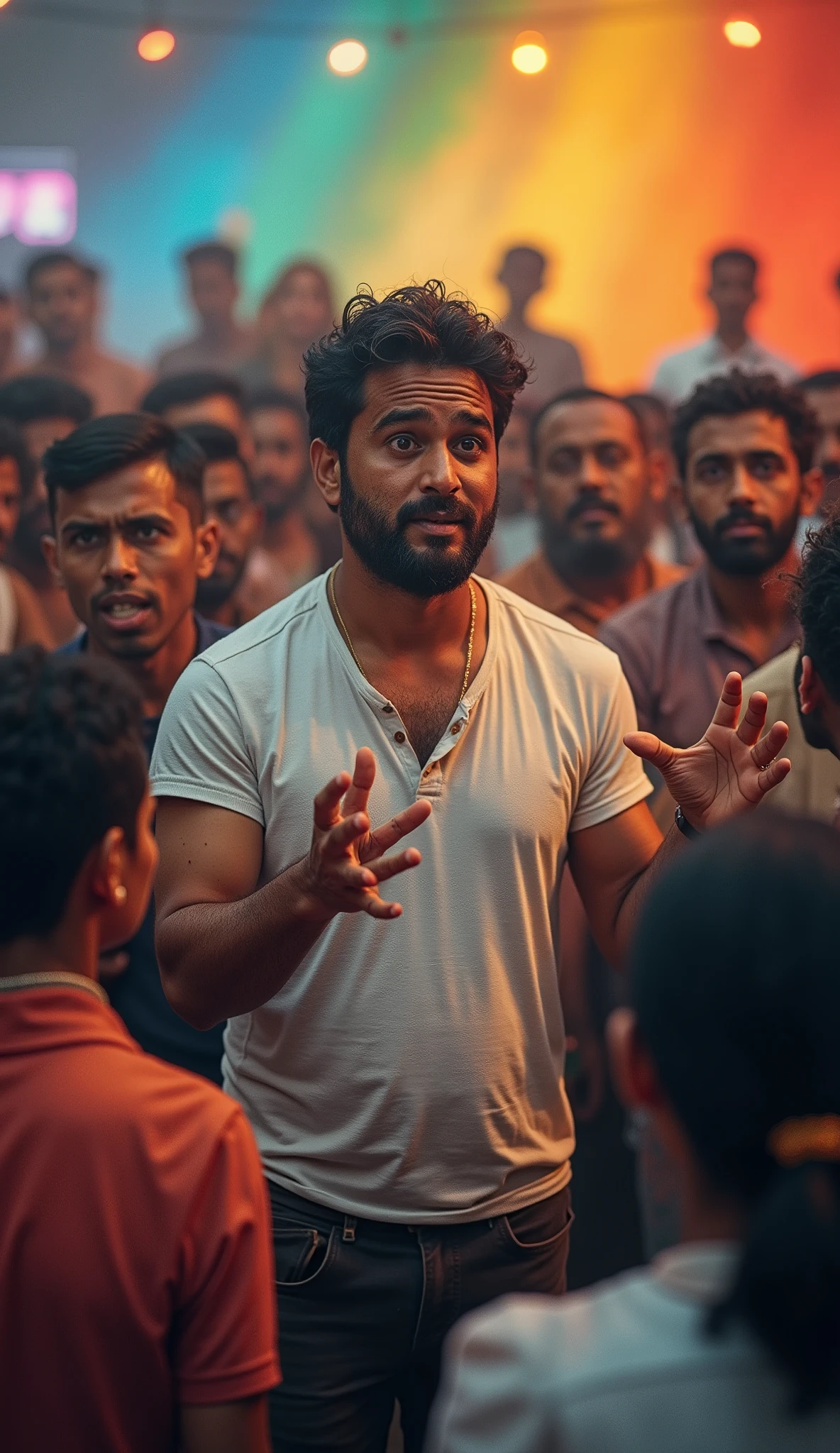 Prabhas, the famous Indian actor, surrounded by a massive crowd of enthusiastic fans