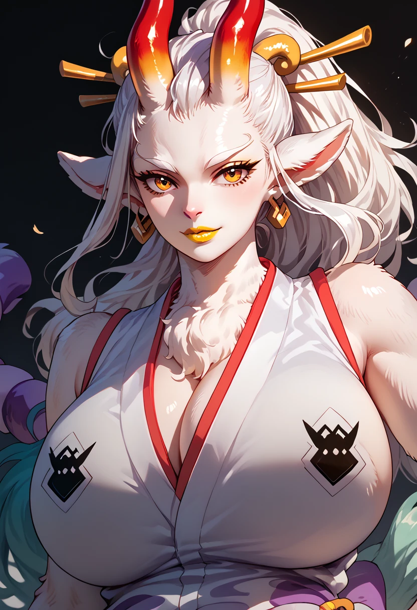 woman, big breasts, yellow lipstick, anime style, white hair, horns, white hair, Yamato, furry