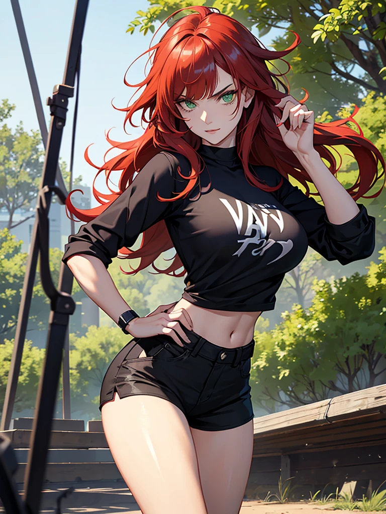 young girl, Long red hair, high ponytail, brown eye, Black sleeveless t-shirt, open belly, camouflage military pants, Katanas, Masterpiece, hiquality