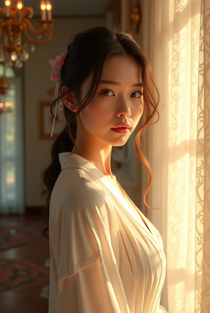 An elegantly dressed Japanese woman in natural light、Close-up of breasts and pussy、It shows her inner peace and outer charm.。It's erotic.。It's almost naked