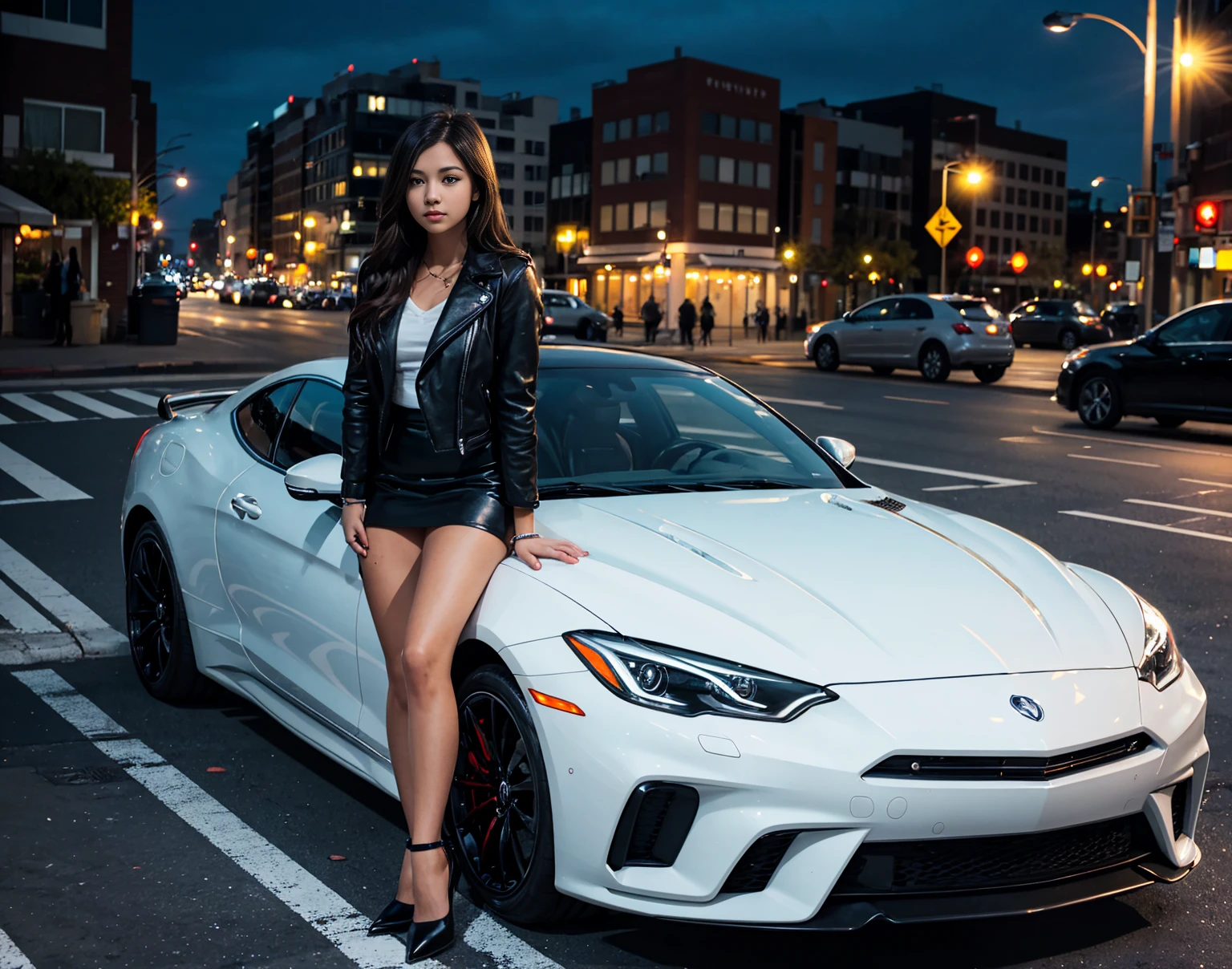 Dua Lipa sitting on the hood of a pastel purple 2023 Camaro