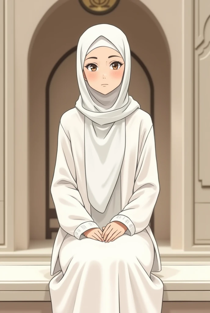 girl, sexy,mosque,happy,hijab,big breast,hijab long white and pink t-shirt and long skirt outfit,in mosque room,