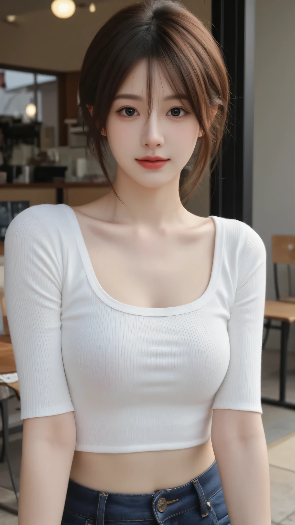 (Masterpiece: 1.2, Best Quality), Realistic, (Realistic Picture, Complex Details, Depth of Field), Best Quality, Masterpiece, Highly Detailed, Realistic, 1 Girl, Mature Female, 21 Years Old, highlight brown Hair, Shoulder length Short Hair, sitting outside a cafe, wearing casual outfit, chest out, big chest, medium breasts, thin lips, full body photo, looking at the camera