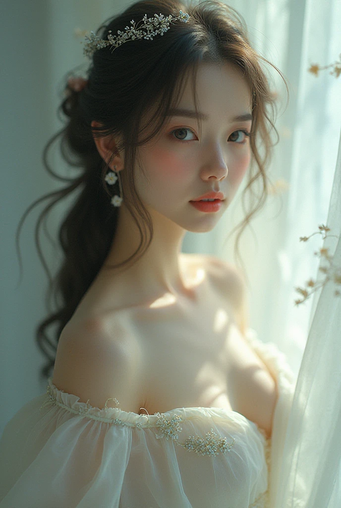 Beautiful Chinese woman, cute, small breasts, thin fabric, no bra, full body
