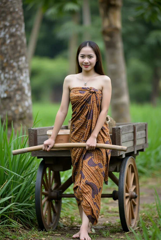 Masterpiece, best quality:1.2), Traditional wooden cart  in the village,  a bright smilinh young woman pushing a wooden cart towards the viewer.1girl, solo, sarong_gown, ((2)), Photo of Beautiful Indonesian  Woman, ponytail, . Facing view.  The scene shows a digging hoee and cultivating utensils on a stone or brick wall  smoke everywhere.Hole the fire burns realistically and the smoke naturally rises slowly, with rustic kitchen utensils such as bamboo baskets and clay pots in the background.1girl, Solo, Long Hair, Looking at viewer, beautiful breasts, Brown Hair, 