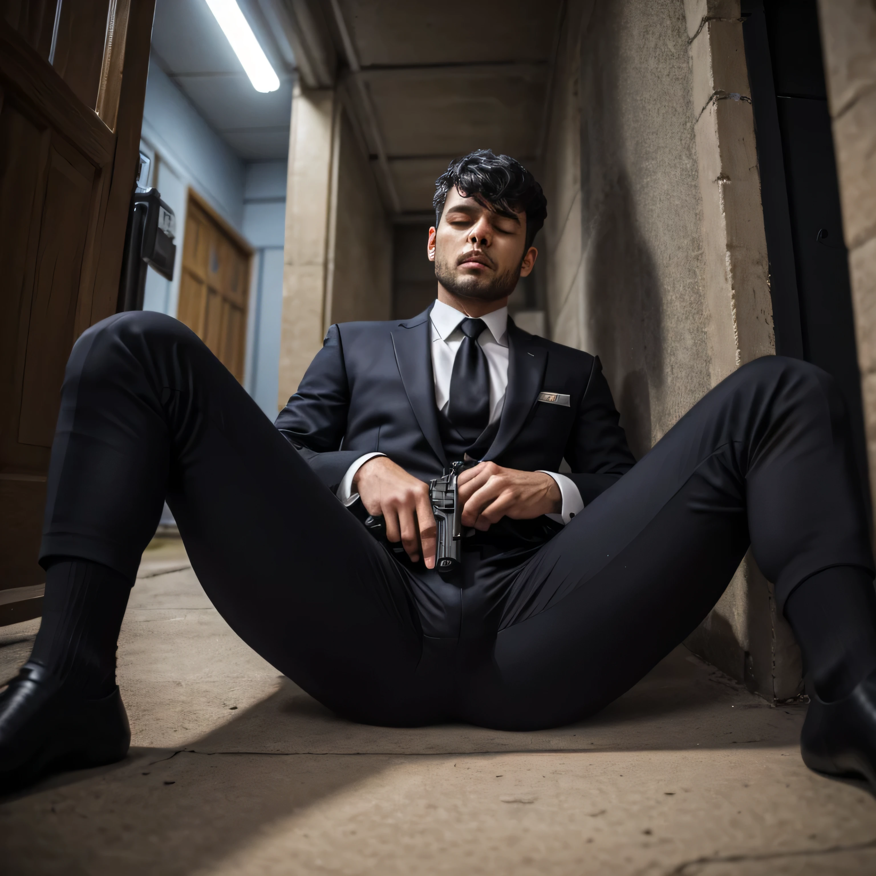 50 years old,One Man,Black Suit,Abandoned factory at night、mafia、Bend、Spread your legs wide、Hold a gun,Open your legs more,logic,Gay ,Very Short Hair,Stubble,Black sunglasses,Asian Faces,Masculine,The groin area swells、Erotic ,looking at the camera