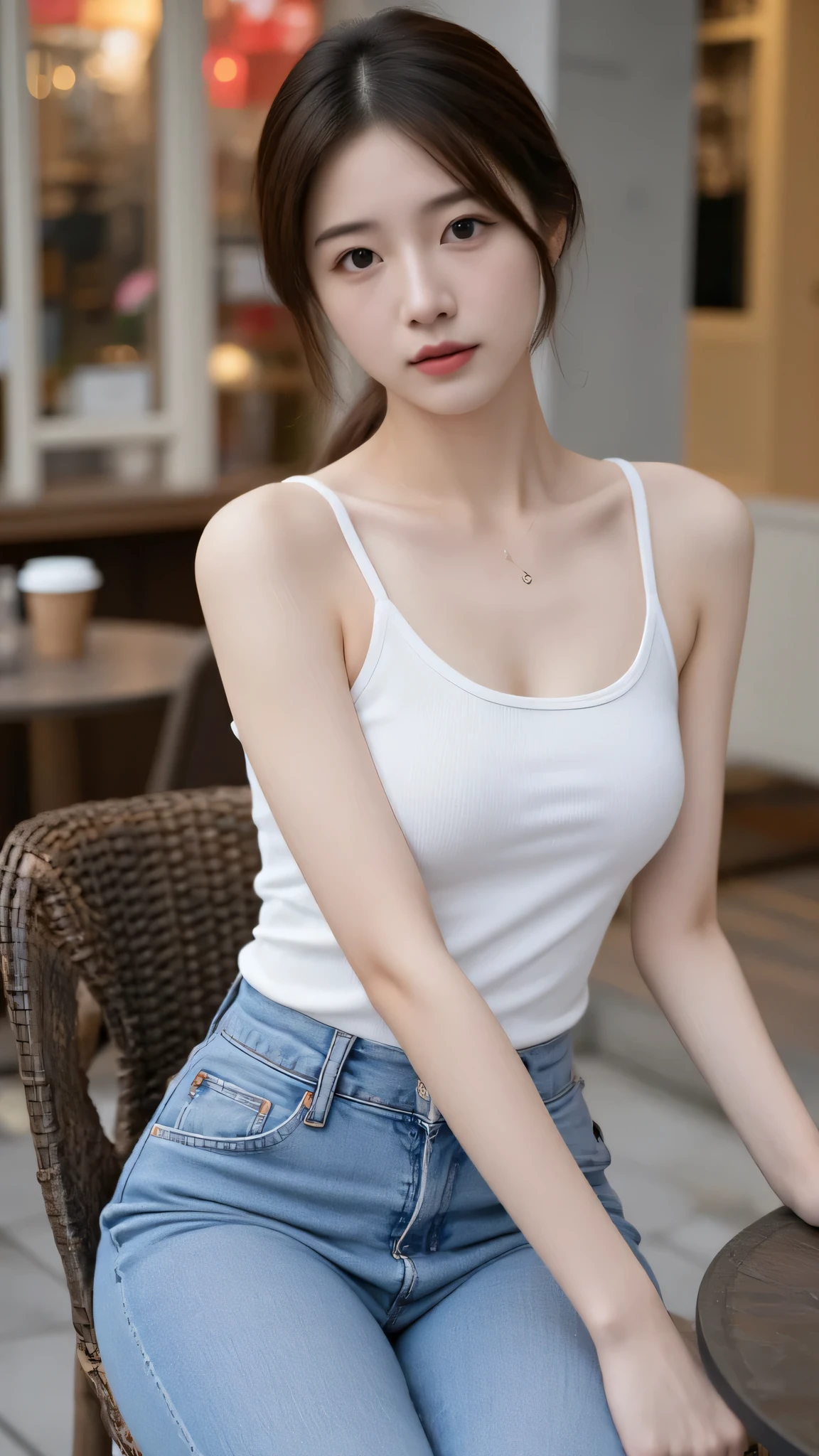 (Masterpiece: 1.2, Best Quality), Realistic, (Realistic Picture, Complex Details, Depth of Field), Best Quality, Masterpiece, Highly Detailed, Realistic, 1 Girl, Mature Female, 21 Years Old, sitting outside a cafe, wearing casual outfit, chest out, big chest, medium breasts, thin lips, full body photo, looking at the camera