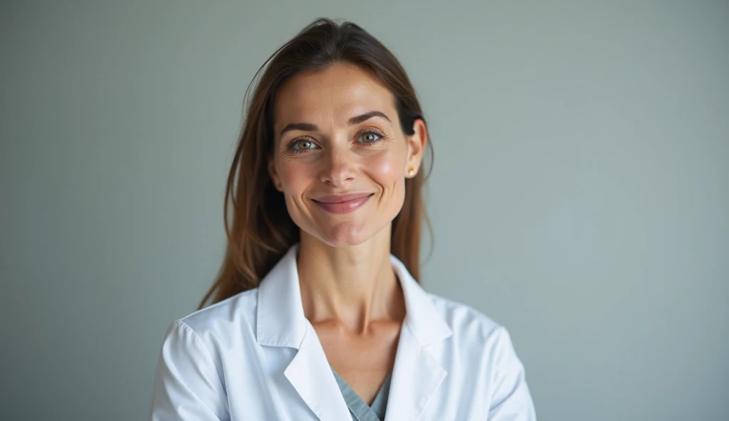 A woman in a white coat with her arms crossed, hair lightly (kac) wavy and long and brown eyes, and showing that he is an expert in eye health.