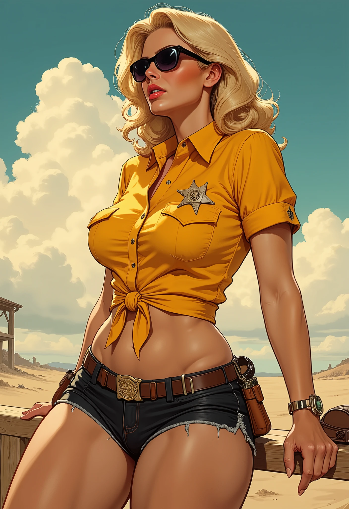 full body。1940's pop art。beautiful blonde female sheriff。Short shirt。Sheriff Badge。The hem of the shirt is tied。I can see my belly button。 sumglass