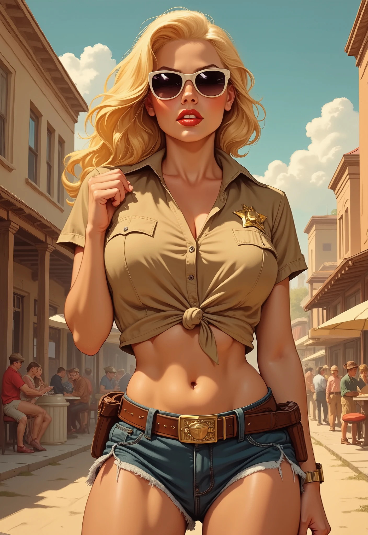 full body。1940's pop art。beautiful blonde female sheriff。Short shirt。Sheriff Badge。The hem of the shirt is tied。I can see my belly button。 sumglass