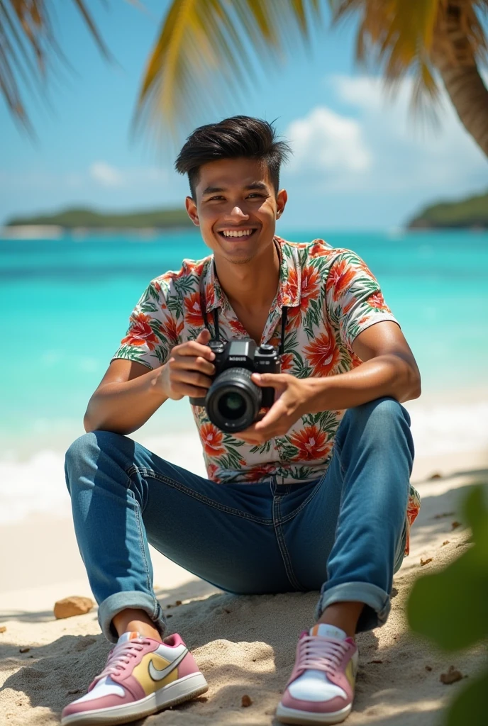 photorealistic, best quality, masterpiece, extremely detailed, sexy, homoerotic, extremely handsome, 20 year old chubby polynesian man, stocky build, laughing, takes your photo with a DSLR camera in one hand, he points to you with his other hand, by the pier, extremely romantic atmosphere, perfect face, perfect fingers, perfect hands, perfection