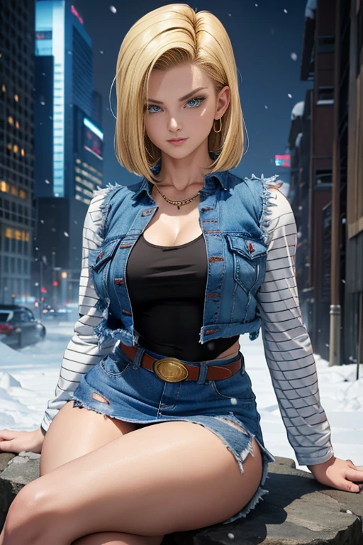 android 18, android 18, blonde hair, blue eyes, eyelash, hoop earrings, short hair, earrings, break belt, black legwear, black shirt, breast pocket, cleavage, clavicle, denim, denim skirt, high-waist skirt, jewelry, long sleeve, pocket, shirt, shirt tucked in, skirt, striped, striped sleeves, waistcoat,, break outdoors, city, null, cloud, sun, break looking at viewer, (cowboy shot:1.5), break (masterpiece:1.2), highest quality, High resolution, unity 8k wallpaper, (figure:0.8), (beautiful and fine eyes:1.6), highly detailed face, perfect lighting, Very detailed CG, (perfect hands, perfect anatomy)