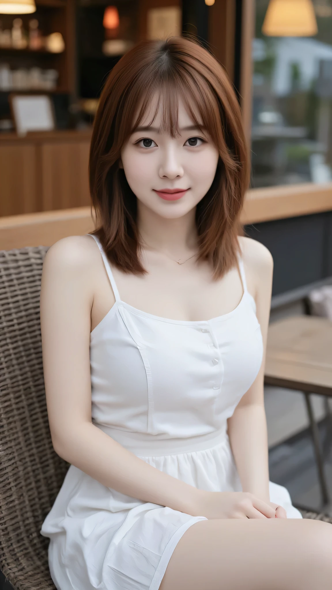 (Masterpiece: 1.2, Best Quality), Realistic, (Realistic Picture, Complex Details, Depth of Field), Best Quality, Masterpiece, Highly Detailed, Realistic, 1 Girl, Mature Female, 21 Years Old, sitting outside a cafe, wearing dress casual, chest out, big chest, medium breasts, thin lips, full body photo, looking at the camera, thin smile, Korean bob hairstyle with bangs, highlight brown hair color