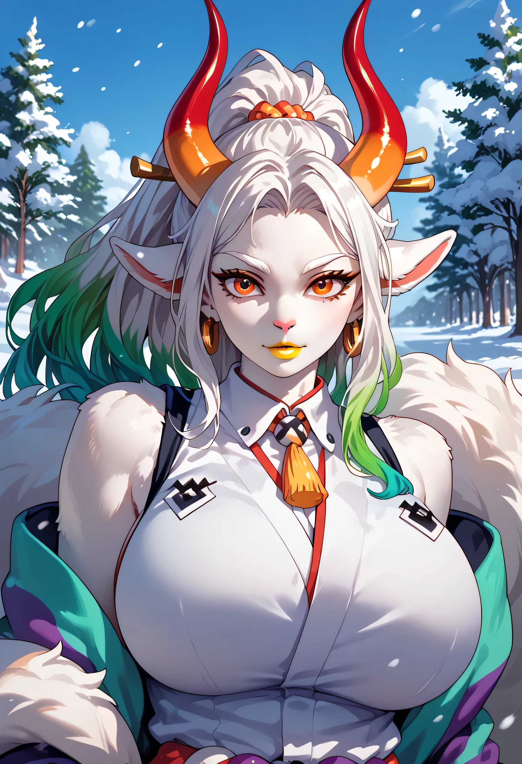 woman, big breasts, yellow lipstick, anime style, white fur, red horns, white hair, snow, orange eyes, green highlights in hair, Yamato, furry, Hybrid Forma