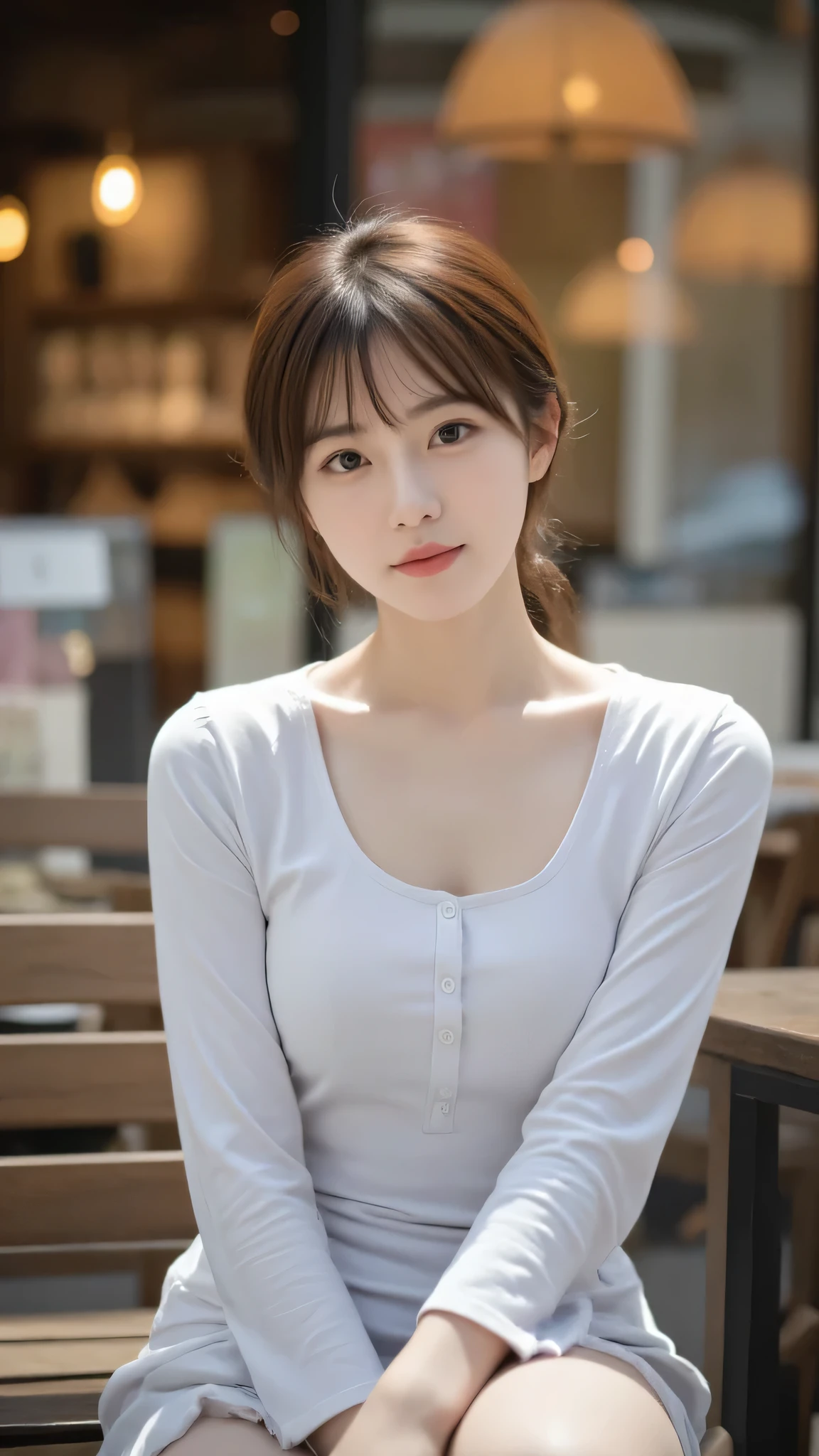 (Masterpiece: 1.2, Best Quality), Realistic, (Realistic Picture, Complex Details, Depth of Field), Best Quality, Masterpiece, Highly Detailed, Realistic, 1 Girl, Mature Female, 21 Years Old, sitting outside a cafe, wearing dress casual, chest out, big chest, medium breasts, thin lips, full body photo, looking at the camera, thin smile, Korean bob hairstyle with bangs, highlight brown hair color