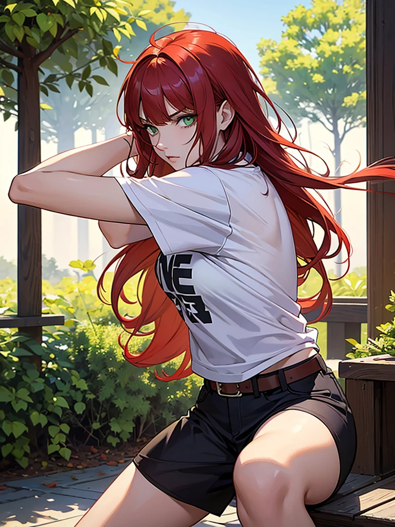 (masterpiece, best quality),1 adult girl with long red hair sitting in a field of red plants and red flowers, mouth, lips, teeth, smiling, red eyes, hand under chin, warm lighting, short black shirt , perfect belly, ripped jeans, medium chest, waist, thick legs, thick thighs, blurred foreground