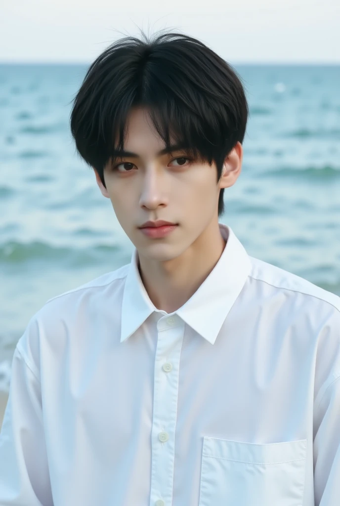  unique ,  1 boy,  male focus, shirt, Black Hair, white shirt,  actual , collared shirt,  upper body, water,  View audience ,  dark eyes ,  long sleeve, {{ocean}}, beach, Short hair, outdoor，Actively face the audience