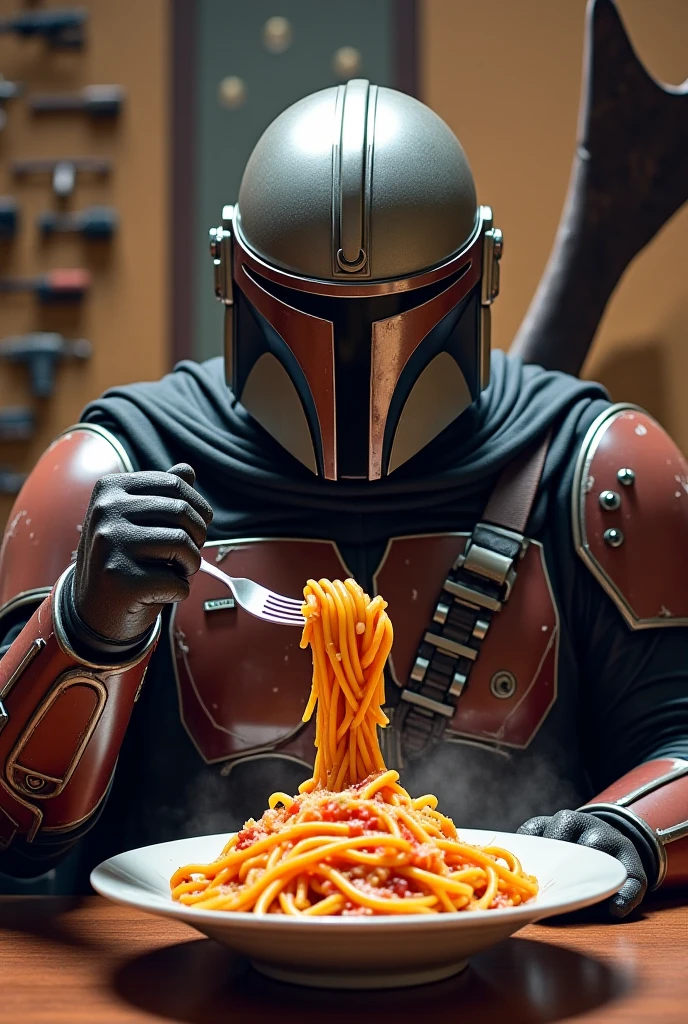 Make mandalorian eating a bowl of pasta