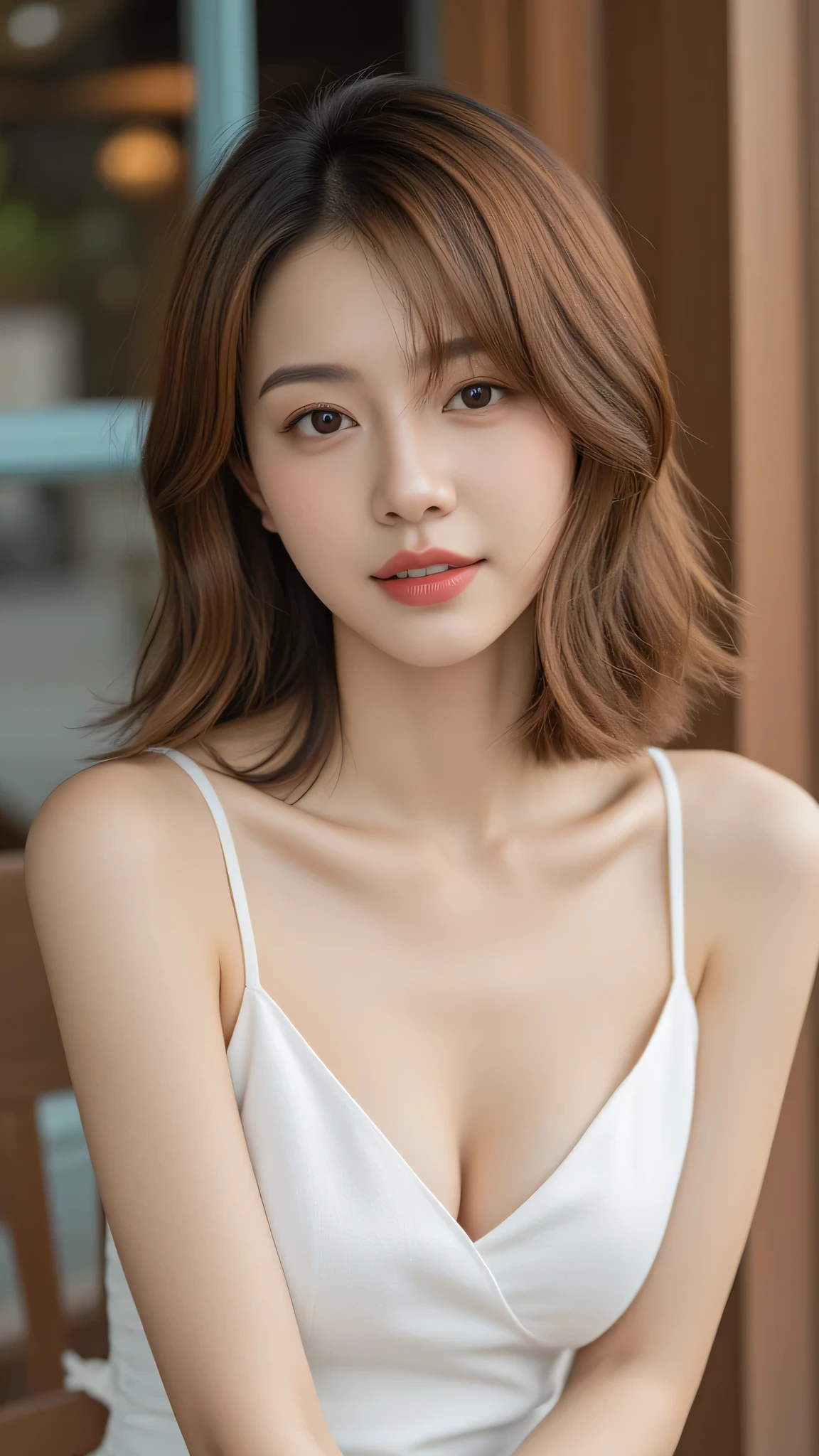 (Masterpiece: 1.2, Best Quality), Realistic, (Realistic Picture, Complex Details, Depth of Field), Best Quality, Masterpiece, Highly Detailed, Realistic, 1 Girl, Mature Female, 21 Years Old, sitting outside a cafe, wearing dress casual, chest out, big chest, medium breasts, thin lips, full body photo, looking at the camera, thin smile, Korean bob hairstyle with bangs, highlight brown hair color