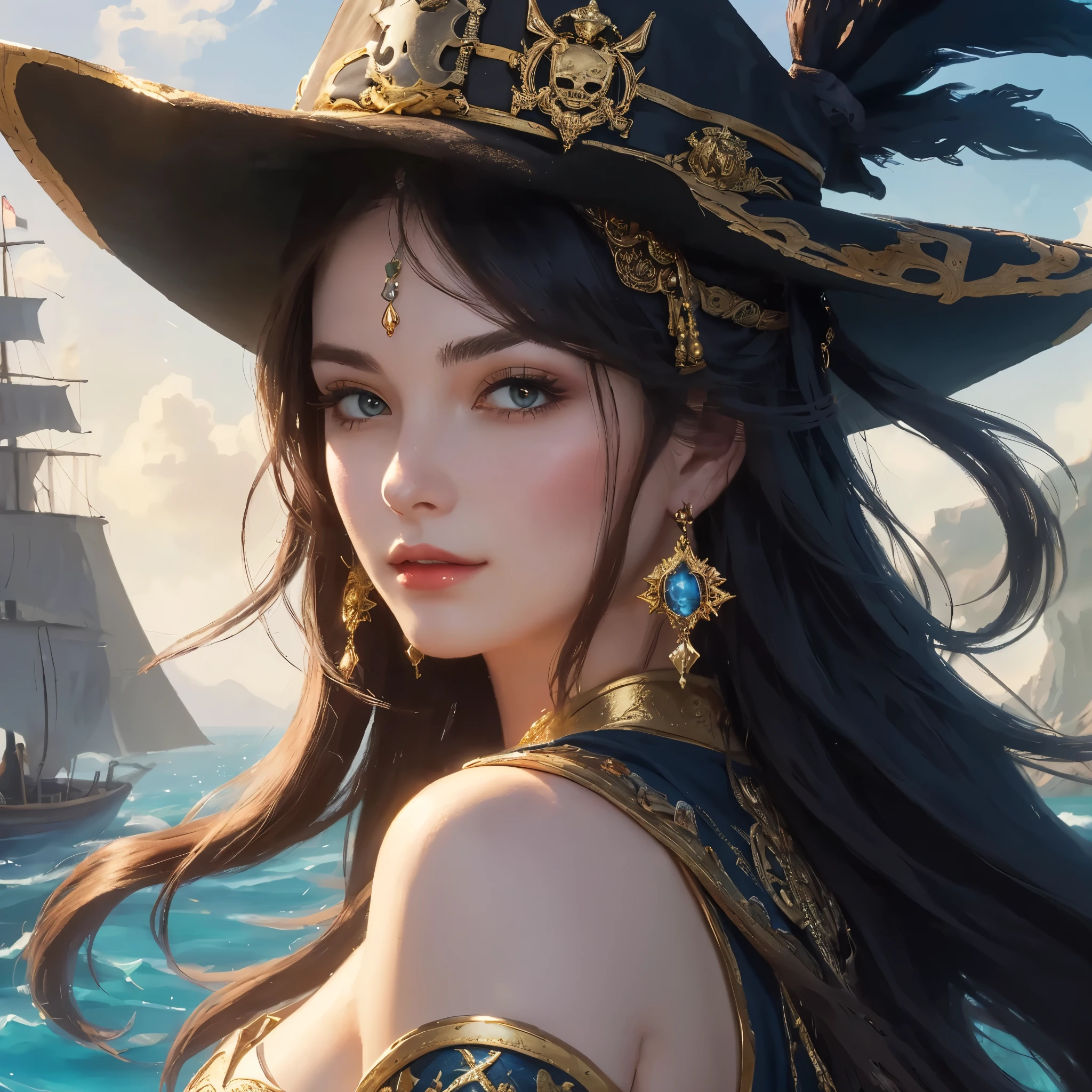 (medium full shot) of (gallant pirate) young woman, lithe build, medium ginger hair, korean, fair skin, brown eyes, wearing a wide-brimmed pirate hat, dark green off-the-shoulder blouse, wide-legged pants, ankle pirate boots embellished with ornate buttons, skull and crossbones amulet gold hoop earrings, treasure map in hand, wielding a cutlass sword, set in forgotten cove shrouded in mystery and legend, buried treasure and ancient artifacts , at night, woman smiling, detailed face, ,Masterpiece,best quality, photo, realistic, very aesthetic