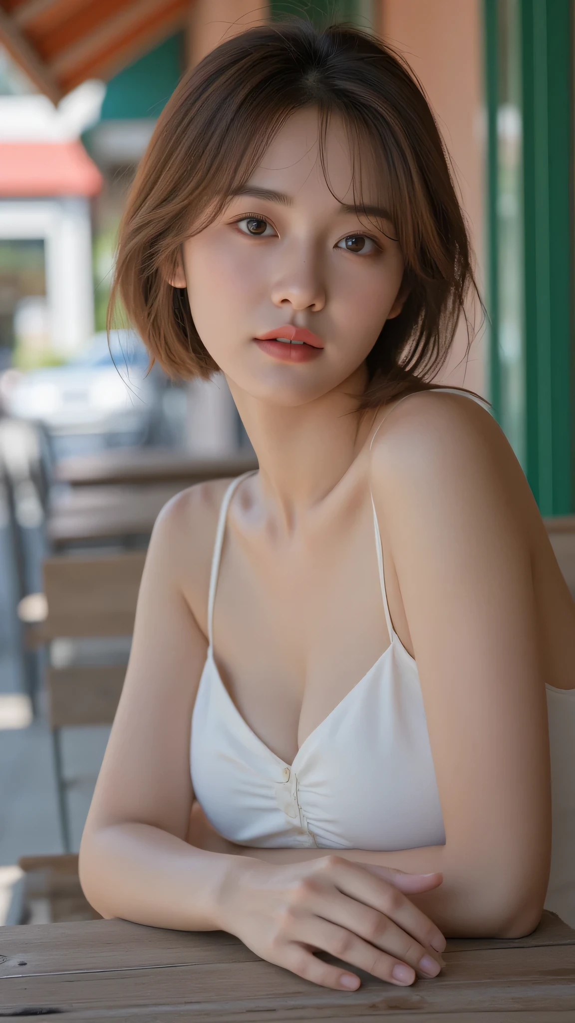 (Masterpiece: 1.2, Best Quality), Realistic, (Realistic Picture, Complex Details, Depth of Field), Best Quality, Masterpiece, Highly Detailed, Realistic, 1 Girl, Mature Female, 21 Years Old, sitting outside a cafe, wearing dress casual, chest out, big chest, medium breasts, thin lips, full body photo, looking at the camera, thin smile, Korean bob hairstyle with bangs, highlight brown hair color