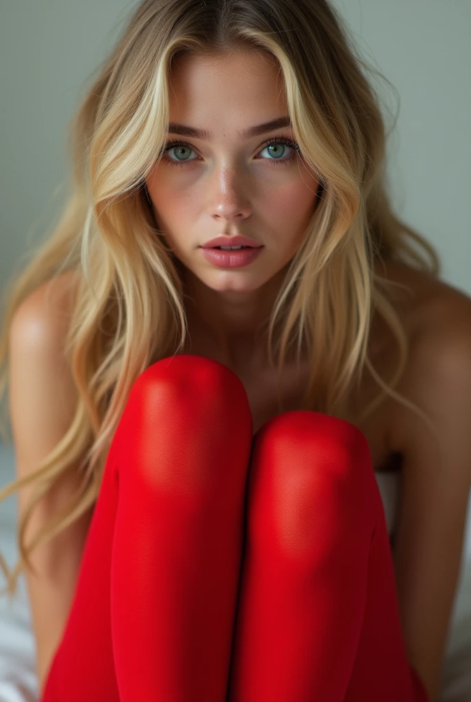 Swedish blonde naked in red stockings, lies face down, with her legs wide open