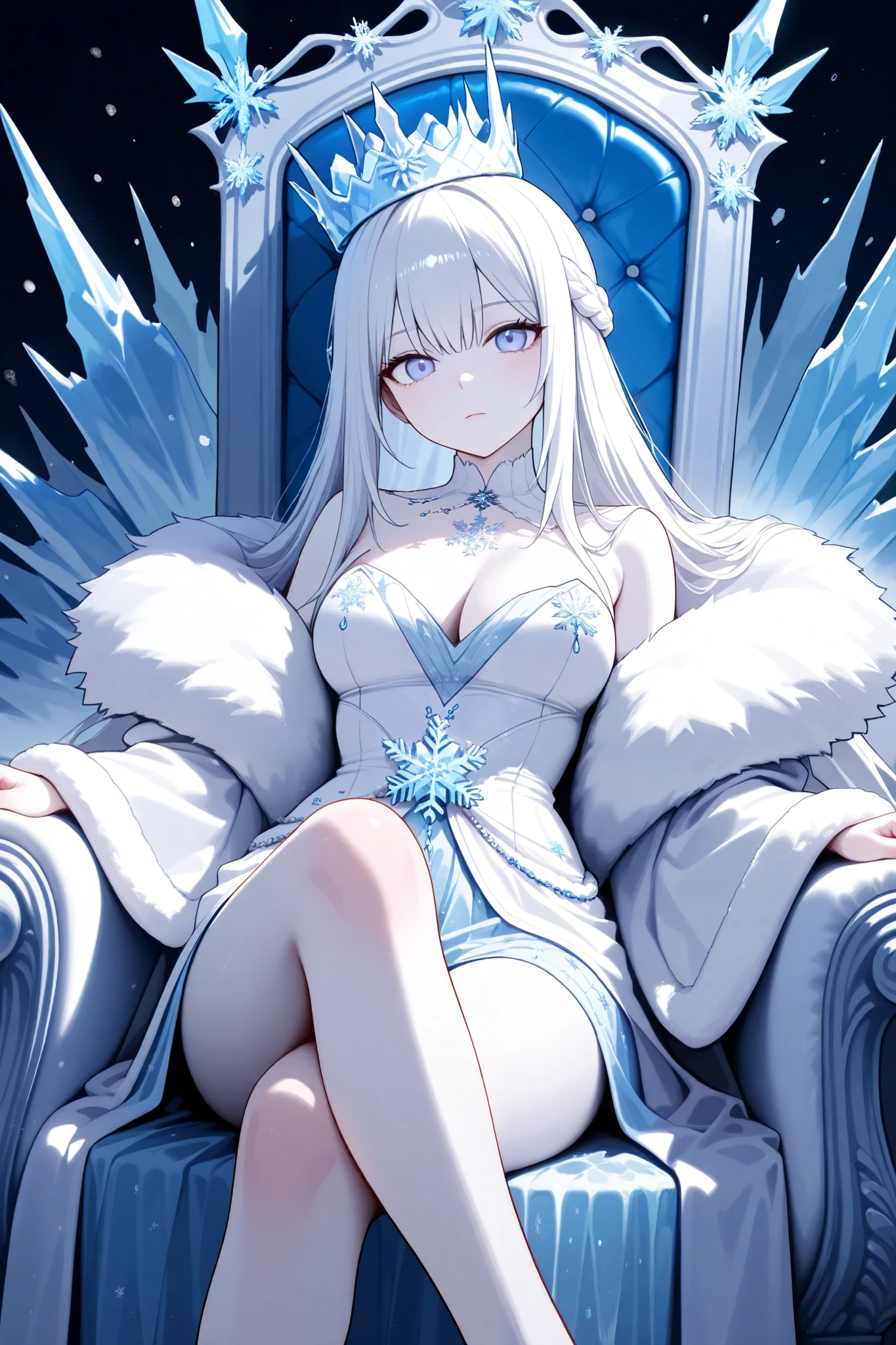 a winter queen, pale skin, white hair, snowflake themed outfit, ice crown, sitting on a throne made of ice, neutral expression, ice crystals, Elegant, snowflakes, high resolution, masterpiece, anatomically accurate, very detailed, ultra high definition , smooth skin , Solo, 텅 빈 눈빛, Expressionless