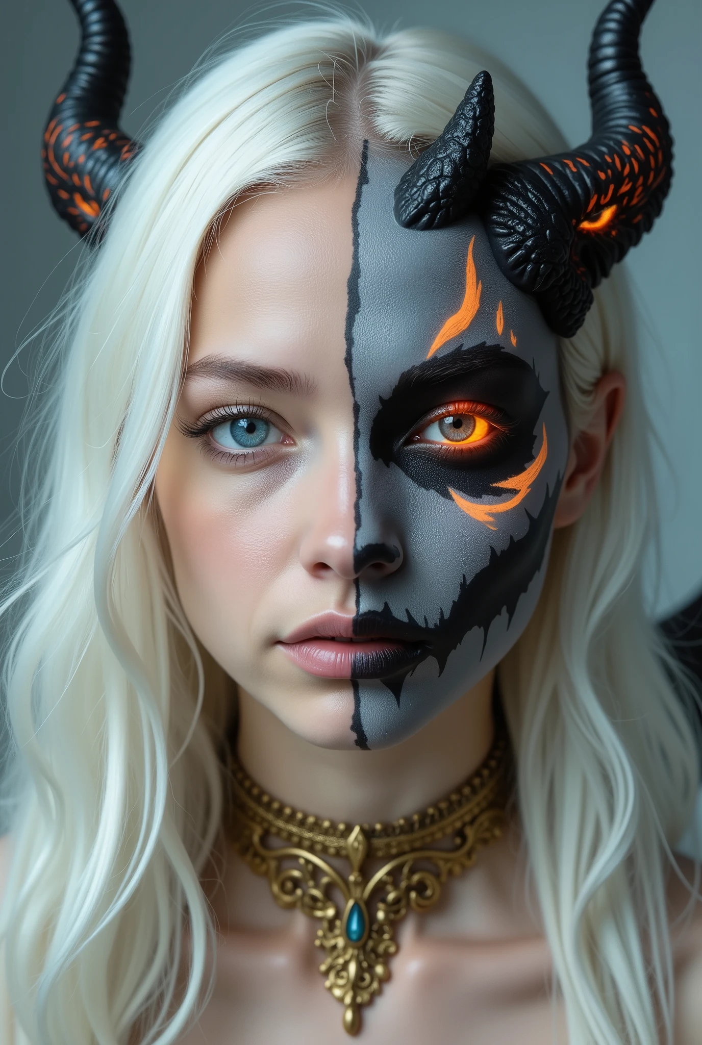 Fullbody Portrait of a woman's face and body, divided down the center. 


The left half of the image features a woman with pale skin and long, flowing, white hair cascading around her shoulders.  Her eyes are a striking, vibrant blue, and her expression is serene. Her lips are a light pinkish-red. 


The right half of the image is completely different. Her face is painted in dark hues of gray and black, with fiery orange details and streaks mimicking flames around the edges.  Matching the dark face are sharp, dark, somewhat stylized horns that extend from her forehead. The eyes on the right side are a glowing orange-red.  


A golden-colored, ornate choker surrounds her neck, encircling both halves of the image.


The background is a muted gray-blue, creating a soft contrast with the vibrant colors of the subject. 


The overall aesthetic is fantasy-inspired, suggesting a duality—potentially angelic or demonic, both in her appearance and personality.
