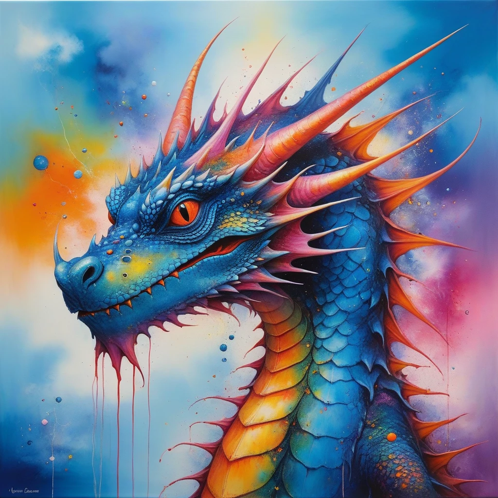 in yvonne coomber  art style, Blue dragon with sky-blue orange and dusky-pink color palette