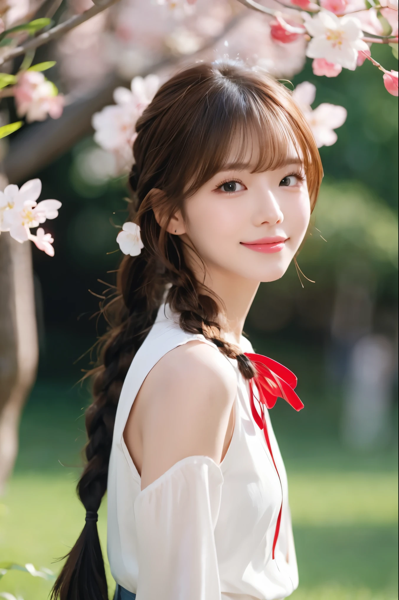 , 1girl, long hair, solo, very long hair, floating hair, shirt, hair between eyes, long sleeves, white shirt, bangs, cherry blossoms, blue eyes, braid, white hair, blurry, closed mouth, black vest, standing, blurry foreground, ribbon, neck ribbon, from side, flower, looking at viewer, vest, smile, tree, shiny hair, shiny, black background