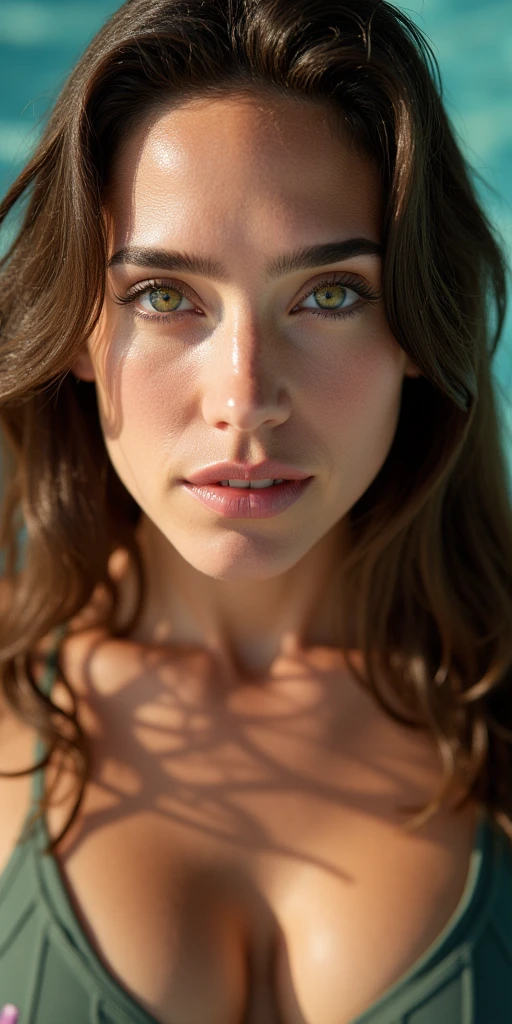 ((close-up portrait))A woman with wavy  hair, green eyes, captured in ultra-realistic 8K resolution using a Canon EOS R5 with a 50mm f/1.2 lens. Her face is sharply detailed,  stunning, angelic woman with fair skin, long straight hair, and light green honey-colored eyes. extreme reality, hyper realistic, Beautiful, Woman Swimming, Outdoor Pool, Expressive Workout in a Beautiful Portrait Style, Perfect Composition, Incredible Detail and Beautiful Rendering, 8k Fine, Realistic Conceptual, Perfect Light in Natural Volumetric Cinematography, Soft Light and Shadows, Award Winning Photography, Masterpiece.