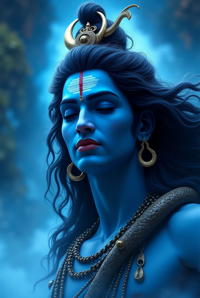 Lord Krishna, with his dark complexion lifts the huge massive Govardhan Mountain with the little pinkie finger of his right hand. A peacock feather, bright against his dark hair, enhances his divine appearance. Amidst the heavy rain, Krishna's serene and composed demeanor stands out against the stormy backdrop, showcasing his extraordinary strength and grace.