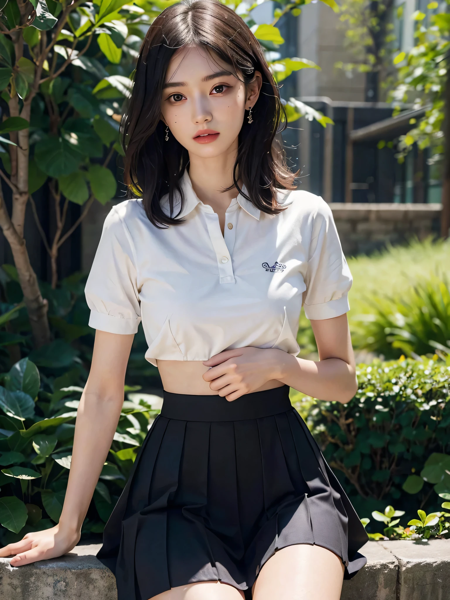 masterpiece, best quality, illustration, Super detailed, fine details, High resolution, 8K,wall paper, perfect dynamic composition,(Details High quality, realistic depiction of eyes:1.3), (Fashionable, with soft pastel colors, black skirt, pernas nu, camisa polo preta, uniform soccer, ambiente urbano), straight hair, large breasts, black hair color, Big Natural Color Lip, (perfect body shape), crying a little、Harajuku style、20 year old girl、cute type、lolita、beautiful legs, hotel room, Gravure Idol