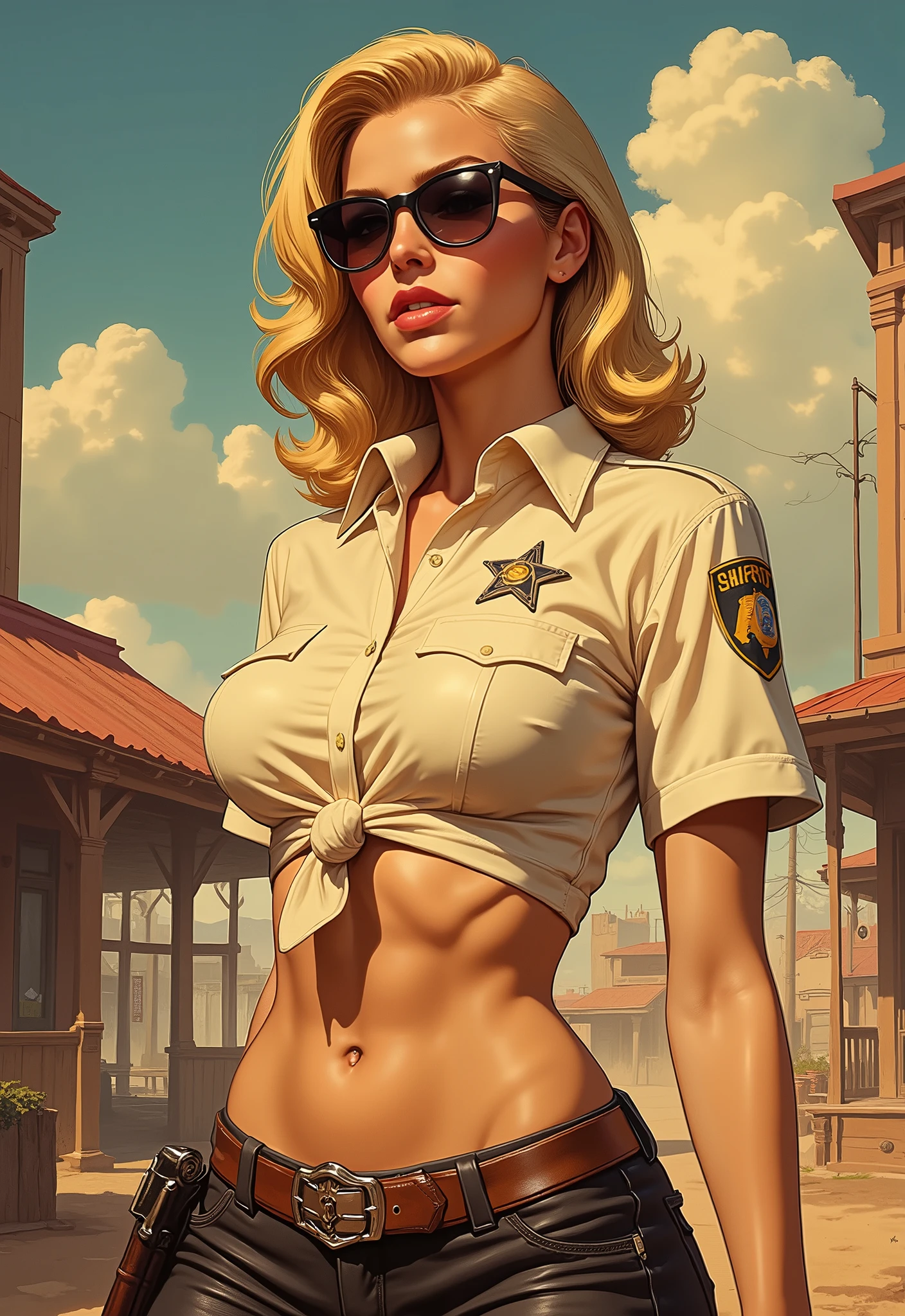 full body。1940's pop art。beautiful blonde female sheriff。Short shirt。Sheriff Badge。The hem of the shirt is tied。I can see my belly button。 sumglass