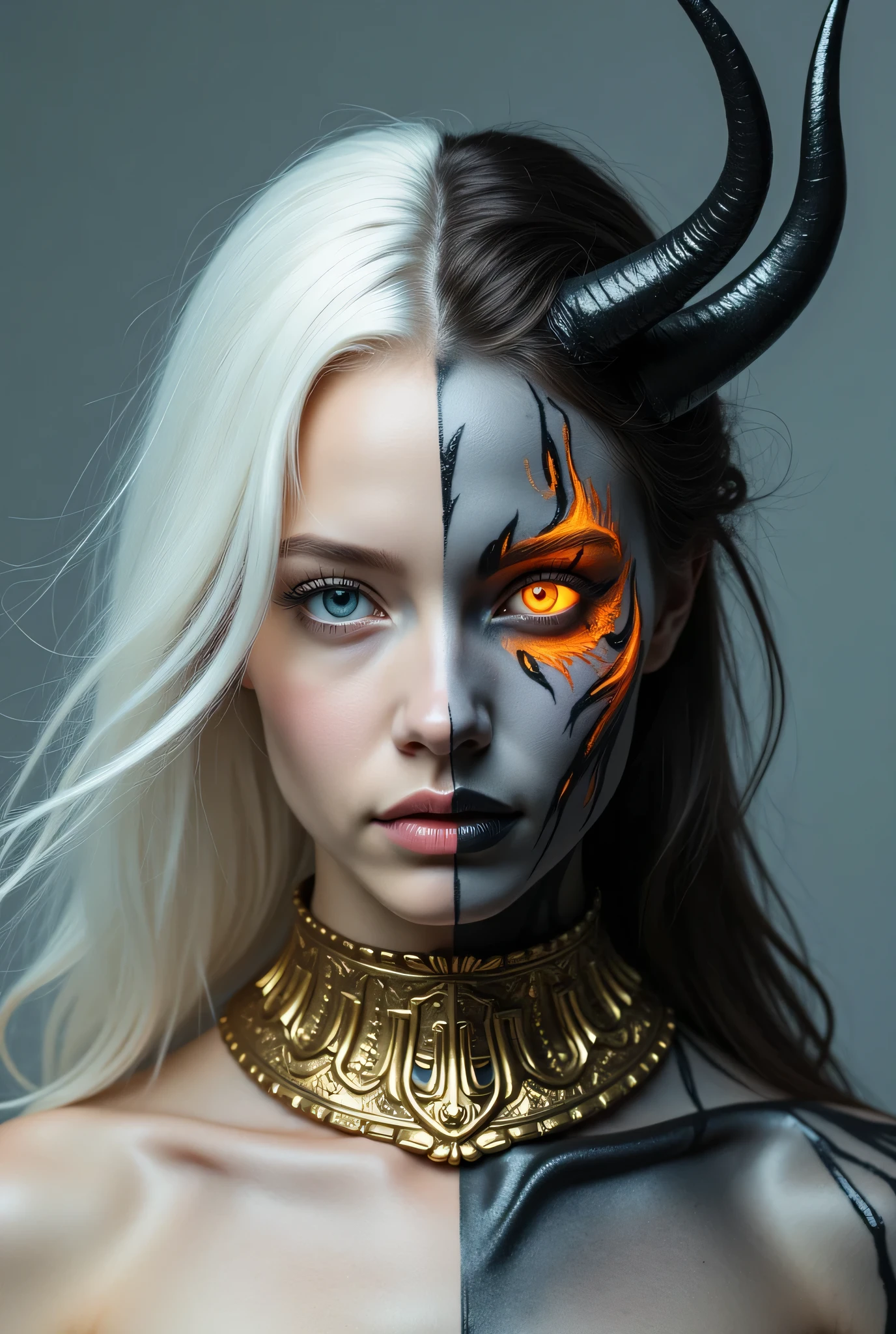 Fullbody of a woman, divided down the center.
The left half of the image features a woman with pale skin and long, flowing, white hair cascading around her shoulders. Her eyes are a striking, vibrant blue, and her expression is serene. Her lips are a light pinkish-red.
The right half of the image is completely different. Her face is painted in dark hues of gray and black, with fiery orange details and streaks mimicking flames around the edges. Matching the dark face are sharp, dark, somewhat stylized horns that extend from her forehead. The eyes on the right side are a glowing orange-red.
A golden-colored, ornate choker surrounds her neck, encircling both halves of the image.
The background is a muted gray-blue, creating a soft contrast with the vibrant colors of the subject.
The overall aesthetic is fantasy-inspired, suggesting a duality—potentially angelic or demonic, both in her appearance and personality.
