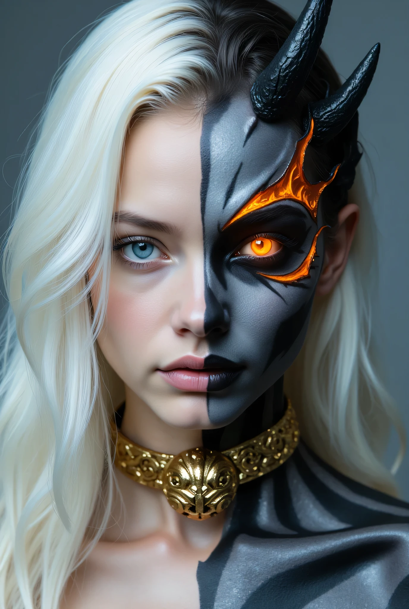 Fullbody of a woman, divided down the center.
The left half of the image features a woman with pale skin and long, flowing, white hair cascading around her shoulders. Her eyes are a striking, vibrant blue, and her expression is serene. Her lips are a light pinkish-red.
The right half of the image is completely different. Her face is painted in dark hues of gray and black, with fiery orange details and streaks mimicking flames around the edges. Matching the dark face are sharp, dark, somewhat stylized horns that extend from her forehead. The eyes on the right side are a glowing orange-red.
A golden-colored, ornate choker surrounds her neck, encircling both halves of the image.
The background is a muted gray-blue, creating a soft contrast with the vibrant colors of the subject.
The overall aesthetic is fantasy-inspired, suggesting a duality—potentially angelic or demonic, both in her fullbody appearance and personality.