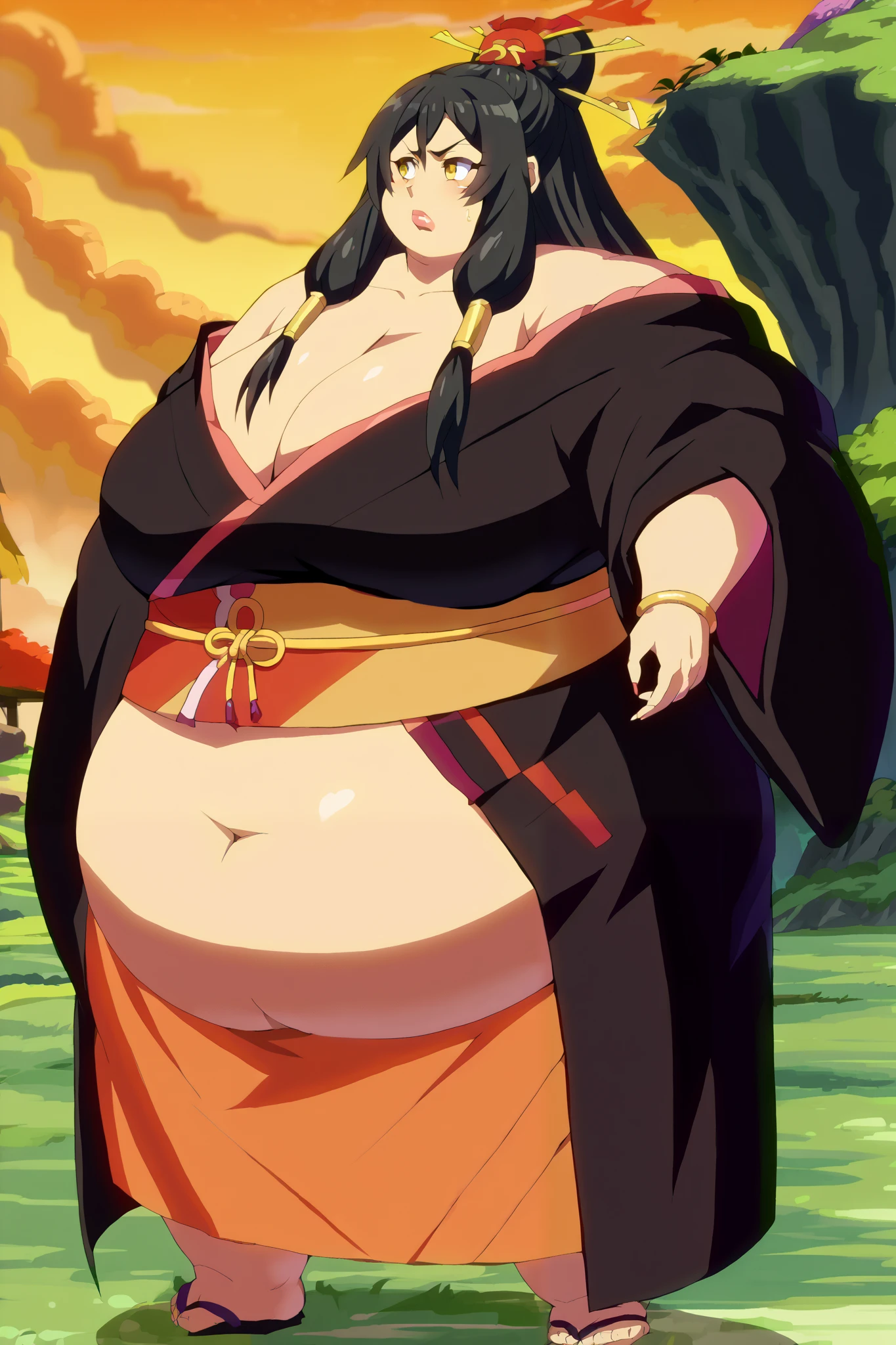 Girl becoming a monster, becoming a troll, fat, chubby, obese , score_9, score_8_up, score_7_up, source_anime, tio clarence, long hair, large breasts, black hair, hair ornament, hair between eyes, very long hair, yellow eyes, hair stick, anime screencap, cleavage, jewelry, japanese clothes, wide sleeves, kimono, off shoulder, bracelet, sash, obi, black kimono, big ears, big nose, big lips, 900 pounds, 10 ft tall, hunchback, broad shoulders, big belly, gigantic arms and legs, extremely fat, gigantic breasts,