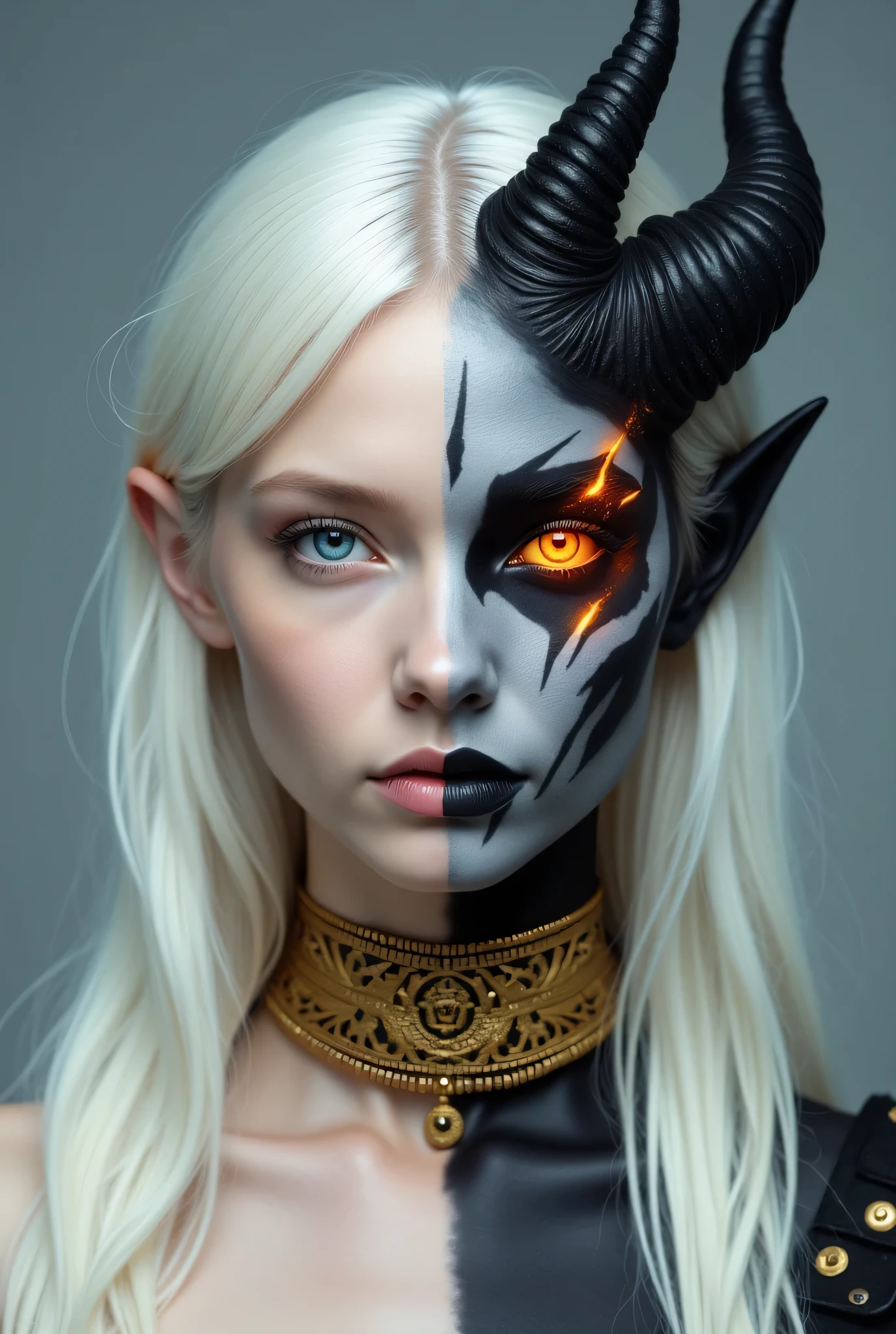 Fullbody of a woman, divided down the center. 


The left half of the image features a woman with pale skin and long, flowing, white hair cascading around her shoulders.  Her eyes are a striking, vibrant blue, and her expression is serene. Her lips are a light pinkish-red. 


The right half of the image is completely different. Her face is painted in dark hues of gray and black, with fiery orange details and streaks mimicking flames around the edges.  Matching the dark face are sharp, dark, somewhat stylized horns that extend from her forehead. The eyes on the right side are a glowing orange-red.  


A golden-colored, ornate choker surrounds her neck, encircling both halves of the image.


The background is a muted gray-blue, creating a soft contrast with the vibrant colors of the subject. 


The overall aesthetic is fantasy-inspired, suggesting a duality—potentially angelic or demonic, both in her fullbody appearance and personality.