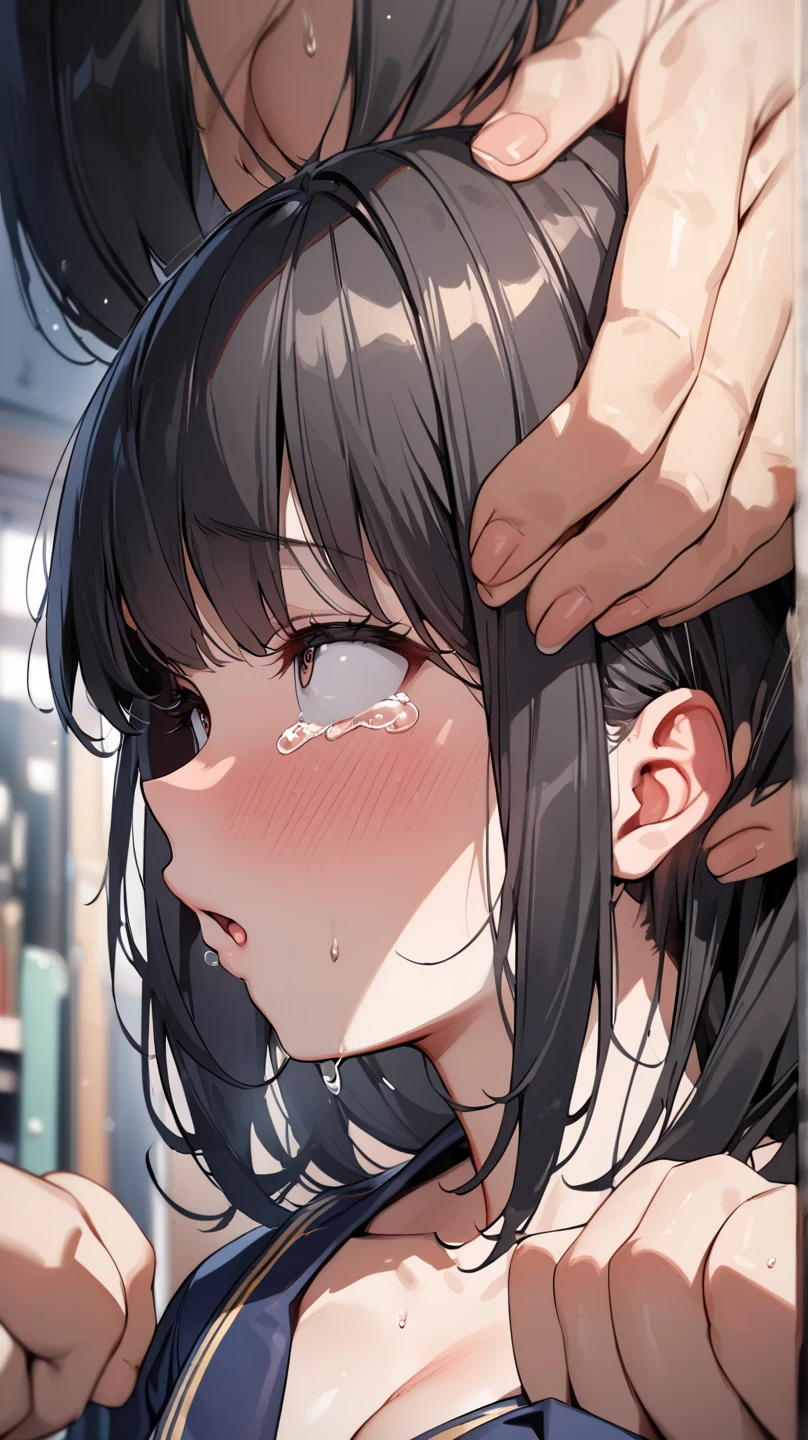 (masterpiece, best quality, ultra-detailed, high resolution, detailed eyes), takeda hiromitsu style, (1mature female), voluptuous body, huge breasts, teacher, makeup, slant eyes, (shocked), black hair up, glasses, navy business suit, pencil skirt, sittng, looking up, pov, 1 boy, thick penis ,(deepthroat:1.5), (boy is grabbing woman's head with both hands), blushing, (tears), trembling, cum in mouth