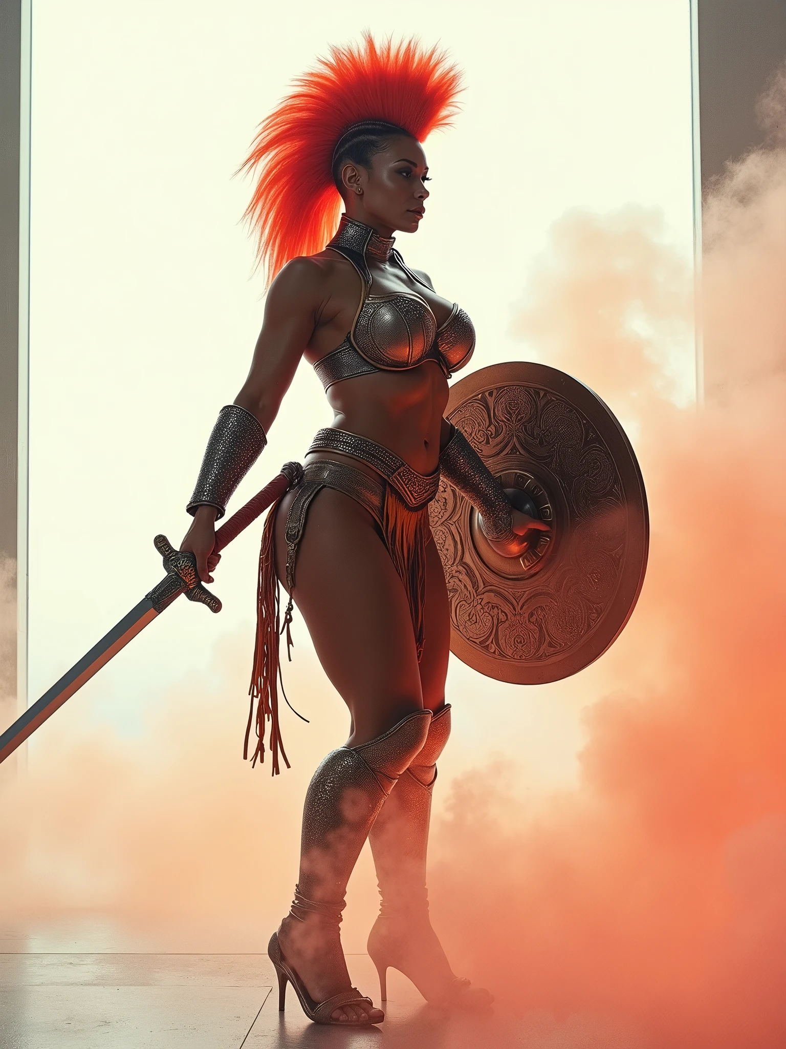(medium full shot) of (formidable gladiator) young woman, black american, dark skin, black eyes, curvy build, red hair, retiarius, wearing Arm guard on left arm, galerus on left shoulder, leather greaves, loincloth, holding a trident and a weighted net, set in ancient Rome, in a majestic temple, with golden statues, grand archways, and a central altar adorned with offerings and incense , at dusk, woman smiling, Masterpiece,best quality, photo, realistic, very aesthetic, detailed face,