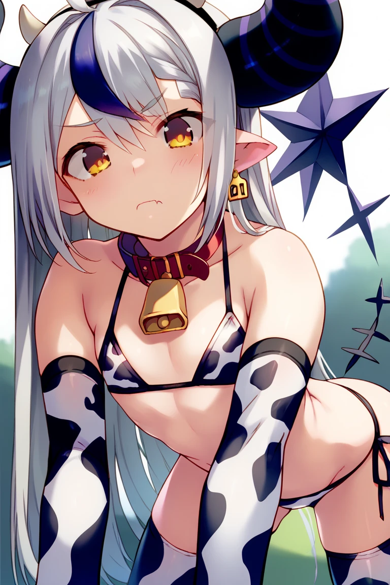 score_9, score_8_up, score_7_up, source_anime, masterpiece, 1girl, ct_l4plus , Big horn, huge horns, black and purple striped horns、flat chest, skin fang, blush, 

animal_print , bell, bikini, black_collar, collar, cow_horns, cow_print, cow_tail, cowbell, ear_tag, elbow_gloves, fake_cow_ears,Fake cow ears on a red headband, fake_horns , fingerless_gloves, gloves, gradient, hair_ornament , horns, neck_bell, cow print bikini, print_gloves, print_legwear, red_collar, ribbon, bikini, side-tie_bikini, tail, thighhighs, tyear_of_the_ox ,dutch angle,
amaduyu tatsuki style