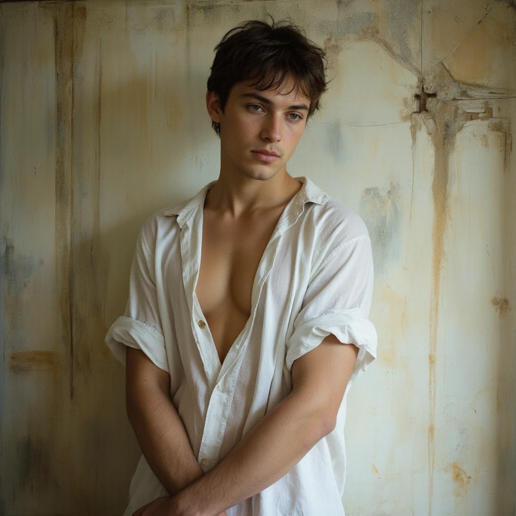 young, Beautiful, handsome, white, skinny, soft skin, beautiful face, shirtless, watching his grandmother weave her clothes on an antique knitting machine
