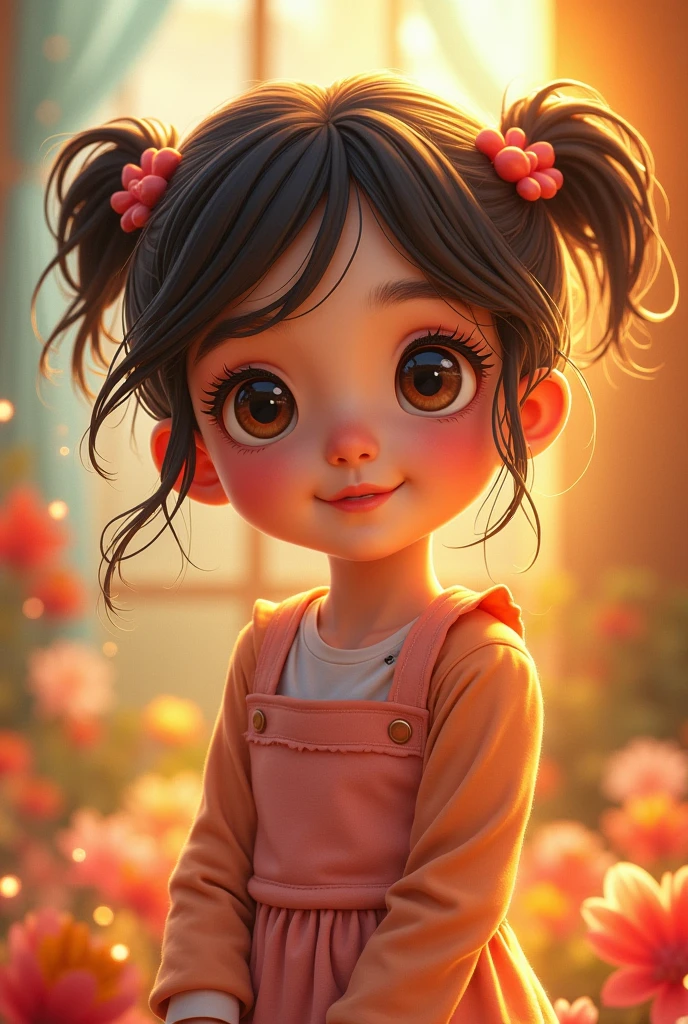 Young girl with Asian features, large eyes, small wide nostril, Black hair with purple, black eyes, smiling, pixar 2d drawing style