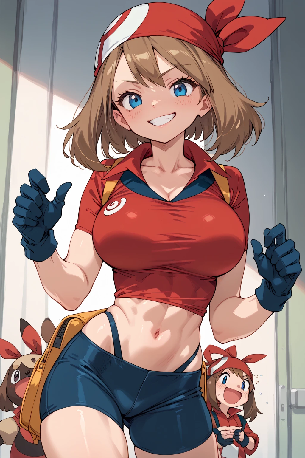 score_9, score_8_up, score_7_up, BREAK, anime style, MayPXL, blue eyes, brown hair, short hair, red bandana, red shirt, short sleeves, gloves, black shorts, torso, smug smile, gigantic bust, toned, strong, bimbo body, 