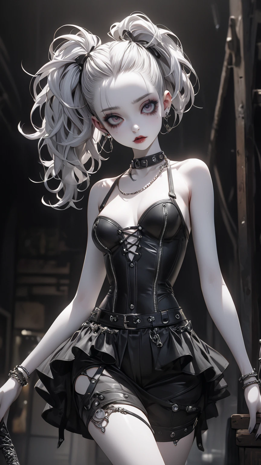 (medium full shot) of (esthetic young woman:1.1) gothic maiden, russian with blonde hair, blue eyes, fair skin, tall,, wearing Gothic ballerina attire with a black tutu dress, ripped fishnet stockings, ballet flats with skull embellishments, Black lipstick with silver shimmer, metallic silver eyeshadow, intricate black eyeliner design, pale foundation, black nail polish with silver accents, smiling at the viewer, set in gothic Bar main Area, Dimly lit space with worn wooden floors, ornate Victorian-style bar with brass accents, velvet-upholstered bar stools, antique chandeliers hanging from the ceiling, vintage paintings adorning the walls , ,Masterpiece,best quality, photorealistic, amazing quality, very aesthetic, extremely detailed face,