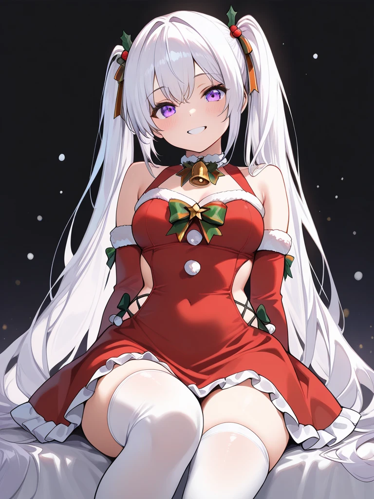女の子1人、Santa Girl、Christmas、nigh sky、Christmas tree、It's snowing、、Too large breasts、cleavage of the breast、white wedding dress and lace cape 、white hair、Twin-tailed、Fluffy and soft long hair、A sparkling Christmas night、stele々shining brightly、A smile、Golden Eyes、European streets decorated for Christmas、A sexy、Transparent、wedding dress、lace veil and tiara
