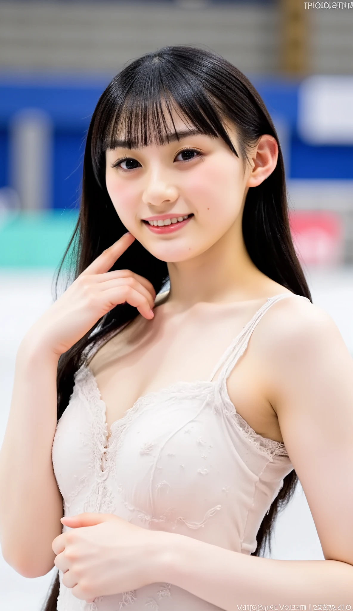 A high resolution photograph of a young Japanese woman, masterpiece, amazing quality, intricate details, absolutely detailed, professional lighting, electronic flash, (sharp focus), solo, 1girl, a figure skater, posing for gravure photography, dynamic pose in figure skating on the ice, (revealing seductive figure skating costume:1.2), slender body, small head, small breasts, fair skin, detailed face, detailed eyes, sophisticated nose, lewdlook, indoors, skating rink, (perfect hand, perfect anatomy, anatomically correct), 