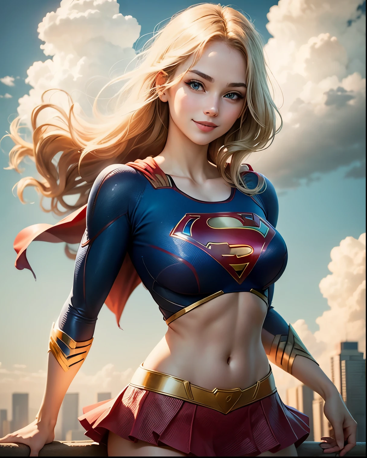 realistic, 1girl, blonde hair, blue eyes, bright blue eyes, cropped top, skirt, lips parted, blush, night, flowers, sun, sunlight, with Superman letter S on his chest.