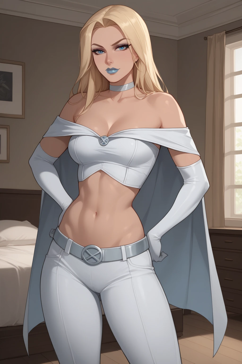 source_cartoon, score_9, score_8_up, score_7_up, score_6_up, ((zPDXL2)), (perfect anatomy) BREAK emma frost, long hair, blonde hair, blue eyes, solo, raised eyebrow, flirting, ((looking at viewer)), lipstick, makeup, choker, bare shoulders, midriff, cape, elbow gloves, belt, pants, heels, medium breasts, plump ass, curvy, toned, athletic, thigh gap, standing, hands on hip, in bedroom, indoors