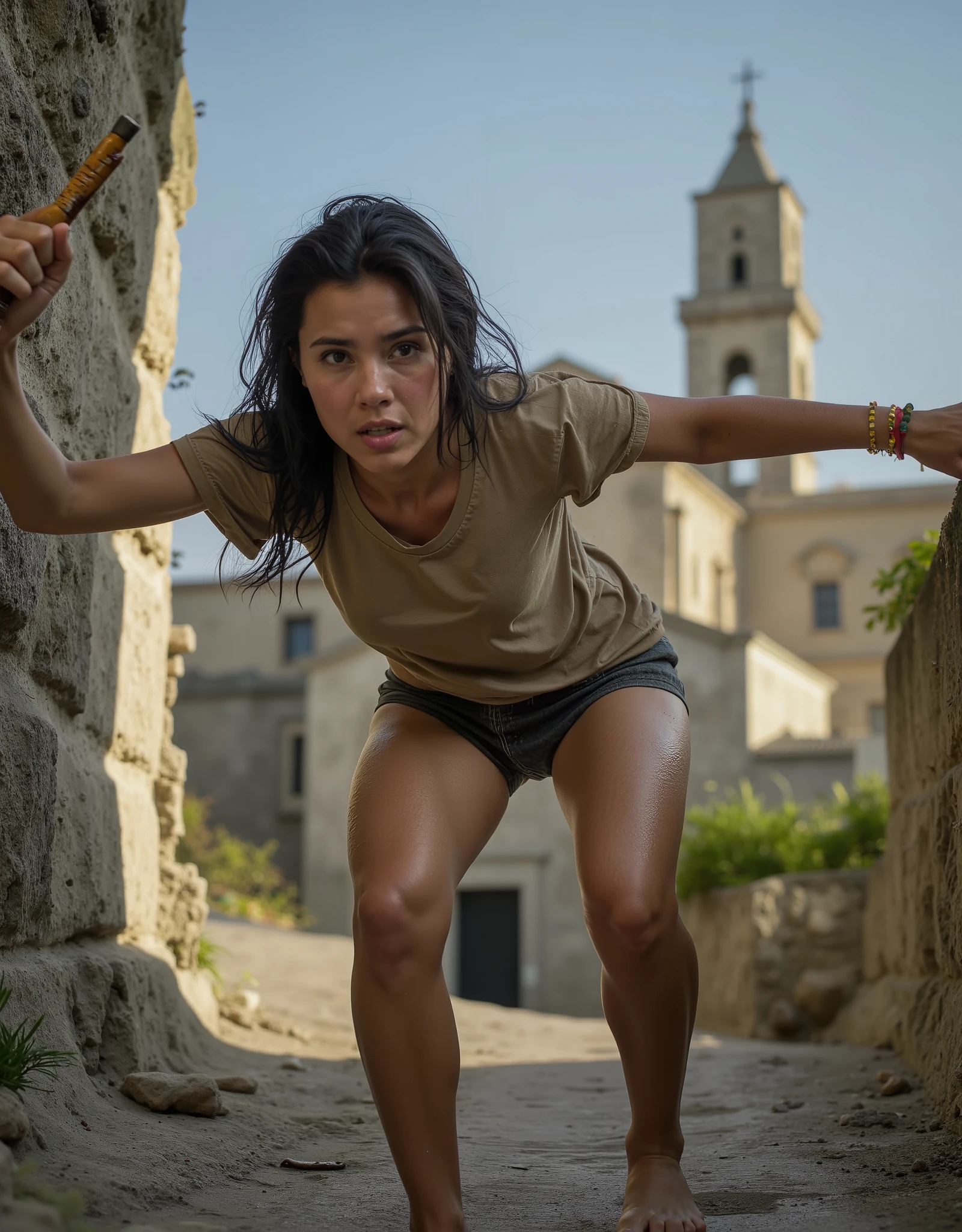 "A scared woman frantically uses her machete through deep streets of Matera with her hands to reach the edge of the town. The scene is intense, with rocks flying as she hits the walls, her face showing determination and worry as she tries to reach the edge of the city.". High res photo, high details,Cathedral in blurred background, /[UHD, masterpiece, very detailed, sharp focus, ((skin marks, moles, smooth skin, real pores, moles on skin, stretch marks, natural skin:1.8)), textured skin, high details, high quality]/.

wet skin,
[damp skin, humid skin, wet skin, dank skin, uncooked skin, sodden skin, soggy skin, dewy skin, moisture skin, humidity skin, moistness skin, wetness skin].

wet hair,
[damp hair,humid hair, wet hair, dank hair,uncooked hair,sodden hair,soggy hair, dewy hair,moisture hair,humidity hair,moistness hair,wetness hair].